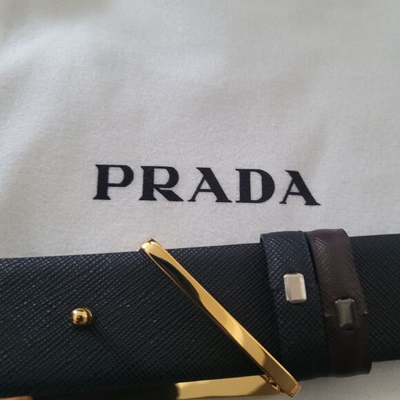 Prada Reversible Black/Brown Leather Belt with Gold Logo. Size 42 main image 5